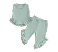 BeliBacca Baby Girls Summer Waffle Outfits Solid Color Sleeveless Crew Neck Ruffle Hem Tank Top Elastic Flare Pants Set 2pcs Toddler Kids Girl Clothes (Green, 6-12 Months)