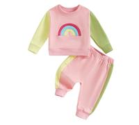 BeliBacca Baby Tracksuit Girls Clothes Set Contrast Color Rainbow Patch Long Sleeve Jumper Sweatshirt Elastic Pants Toddler Girls 2 Pieces Fall Winter Outfits (Pink, 12-18 Months)
