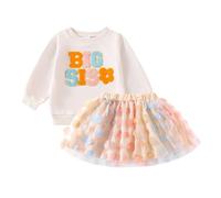 BeliBacca Big Sister Gift Little Sister Spring Fall Outfit Embroidery Letter Flower Jumper Sweatshirt Tulle Tutu Skirt Toddler Baby Girl Clothes Set (Big Sister, 5T)