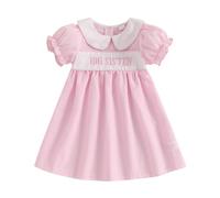 BeliBacca Big Sister Little Sister Matching Outfits Short Puff Sleeve Doll Neck Letter Embroidery Smocking Dress Little Sis Romper Big Sis Dress Baby Girl Summer Clothes