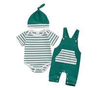 BeliBacca Infant Baby Boy Summer Clothes Set 3pcs Striped Short Sleeve Romper Suspender Pants Hat Set Newborn Hospital Outfits Baby Boy (Green, 12-18 Months)