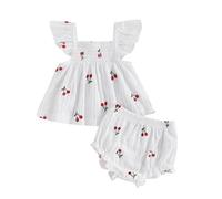 BeliBacca Infant Baby Girls Summer Outfits Cherry Print Flying Sleeve Babydoll Collar Smocking Tops Elastic Ruffle Shorts Toddler Girls Clothes (White, 18-24 Months)