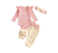 BeliBacca Infants Little Sister Outfits Baby Girls Letter Embroidery Ruffle Long Sleeve Romper Shirt Bow Pants Set 2 Pieces Newborn Fall Clothes Set (Pink, 3-6 Months)