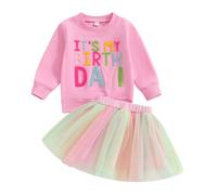 BeliBacca Kid Toddler Girl Birthday Outfit Embroidery Letter Jumper Sweatshirt Tulle Tutu Skirt Set Infant Baby Spring Fall Clothes (Pink, 3-4T)