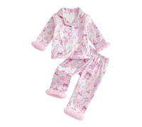 BeliBacca Kids Toddler Girl Birthday Pajamas Long Sleeve Fuzzy Trim Button Down Satin Silk Pjs Cake Balloon Print Shirt Pants Sleepwear 1-6 Years Birthday Girl Pjs Nightgowns (Pink, 18-24 Months)