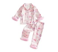 BeliBacca Kids Toddler Girl Birthday Pajamas Long Sleeve Fuzzy Trim Button Down Satin Silk Pjs Cake Balloon Print Shirt Pants Sleepwear 1-6 Years Birthday Girl Pjs Nightgowns (Champagne, 3-4 Years)