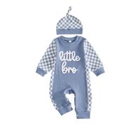 BeliBacca Little Bro Baby Boy Clothes Long Sleeve Romper | Little Bro Newborn Clothes One Piece Infant Toddler Boy Fall Outfits Letter Embroidery Crew Neck Romper Jumpsuit Hat Set