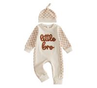 BeliBacca Little Bro Baby Boy Clothes Long Sleeve Romper | Little Bro Newborn Clothes One Piece Infant Toddler Boy Fall Outfits Letter Embroidery Crew Neck Romper Jumpsuit Hat Set