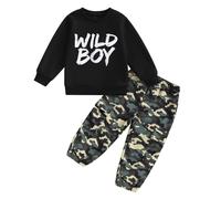 BeliBacca Little Kids Boy Fall Winter Camo Outfits Funny Letter Print Long Sleeve Sweatshirt Camouflage Cargo Pants Set 2pcs Infant Toddler Wild Boy Clothes Spring (Black, 4-5T)