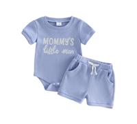 BeliBacca Mommys Little Man Newborn Summer Outfits Baby Boy Letter Embroidery Short Sleeve Romper Elastic Shorts Set 2pcs Baby Boy Summer Clothes (Blue, 3-6 Months)