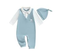 BeliBacca Newborn Bodysuit Little Boy Fall Clothes Patchwork Letter Dinosaur Print Lapel Long Sleeve Jumpsuit Hat Set Infant Toddler Boy Gentleman Suit (Blue, 0-3 Months)