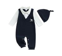 BeliBacca Newborn Bodysuit Little Boy Fall Clothes Patchwork Letter Dinosaur Print Lapel Long Sleeve Jumpsuit Hat Set Infant Toddler Boy Gentleman Suit (Black, 6-9 Months)