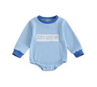 BeliBacca Newborn Bubble Roper Baby Boy Fall Winter Clothes Long Sleeve Letter Embroidery Sweatshirt Jumpsuit Jesus Loves Me Outfits (Blue, 3-6 Months)
