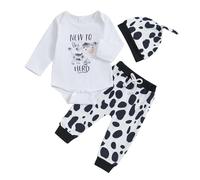 BeliBacca Newborn Cow Outfits New To The Herd Baby Boy Girl Long Sleeve Cow Print Romper Shirt Elastic Long Pants Hat Set 3pcs Western Cute Fall Clothes (White, 12-18 Months)