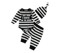 BeliBacca Newborn Halloween Prisoner Outfits Infant Baby Fall Winter Casual Bodysuit Long Sleeve Letter Print Striped Romper Pants Hats Set (White, 0-3 Months)