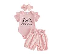 BeliBacca Newborn Little Sister Outfits Baby Girl Letter Bow Print Short Sleeve Ruffle Romper Daisy Bow Shorts Headband Set 3pcs Infant Toddler Girl Summer Clothes (Pink, 3-6 Months)