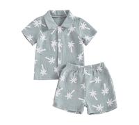 BeliBacca Toddler Baby Boy Cotton Linen Set Hawaiian Outfits Palm Tree Print Short Sleeve Button Down Lapel Shirt Shorts Set 2pcs Kids Summer Clothes (Blue, 6-12 Months)