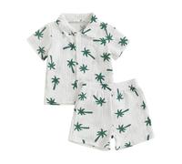 BeliBacca Toddler Baby Boy Cotton Linen Set Hawaiian Outfits Palm Tree Print Short Sleeve Button Down Lapel Shirt Shorts Set 2pcs Kids Summer Clothes (White, 12-18 Months)