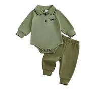 BeliBacca Toddler Baby Boy Fall Winter Clothes Jogger Set Dinosaur Embroidery Long Sleeve Romper Polo Shirt Bodysuit Pants Set Newborn Infant Clothes (Green, 12-18 Months)