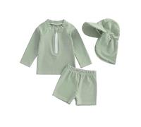 BeliBacca Toddler Baby Boy Rash Guard Set Stripe Print Long Sleeve Zip Up Top Swim Truck with Hat 3pcs Infant Swimsuit Boy Newborn Bathing Suit (Green, 0-6 Months)