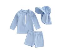 BeliBacca Toddler Baby Boy Rash Guard Set Stripe Print Long Sleeve Zip Up Top Swim Truck with Hat 3pcs Infant Swimsuit Boy Newborn Bathing Suit (Blue, 6-12 Months)