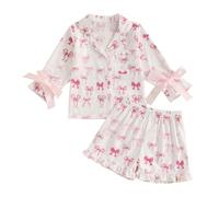 BeliBacca Toddler Baby Girls Spring Summer Bow Pajama Set Long Sleeve Button Down Bow Shirt Top Elastic Ruffle Shorts Set 2pcs Kids Lounge Wear Girls 1-5T (Pink, 5-6 Years)