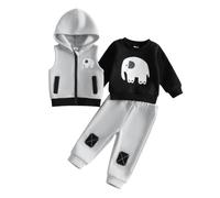BeliBacca Toddler Boy Autumn Outfits Elephant Print Long Sleeve Pullover Zip Up Plush Hoodie Vest Jacket Jogger Pants 3 Pieces Baby Boy Winter Clothes Set (Light Grey, 12-18 Months)