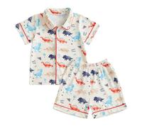 BeliBacca Toddler Boy Girls Summer Pajama Set Dinosaur Rugby Strawberry Print Button Shirt Elastic Shorts Set 2pcs Kids Short Sleeve Pjs Lounge Set Sleepwear (Apricot, 4-5 Years)