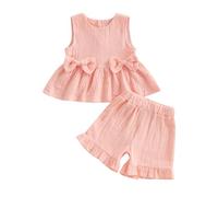 BeliBacca Toddler Girl Summer Outfit Solid Color Tutu Tank Tops with Bow Elasticated Waist Ruffled Shorts 2Pcs Infant Baby Clothes Set (Pink, 3-4T)