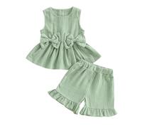 BeliBacca Toddler Girl Summer Outfit Solid Color Tutu Tank Tops with Bow Elasticated Waist Ruffled Shorts 2Pcs Infant Baby Clothes Set (Green, 12-18 Months)
