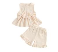 BeliBacca Toddler Girl Summer Outfit Solid Color Tutu Tank Tops with Bow Elasticated Waist Ruffled Shorts 2Pcs Infant Baby Clothes Set (Apricot, 4-5T)