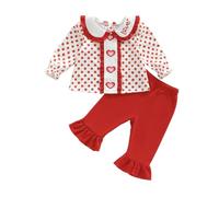 BeliBacca Toddler Girl Valentines Outfits Doll Collar Ruffle Long Sleeve Heart Dot Print Shirt Solid Color Bell-Bottom Trousers Set 2pcs Baby Girl Spring Clothes (Red, 12-18 Months)