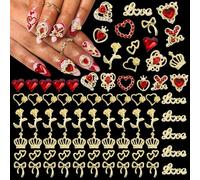 BELICEY 72 Pcs Valentines Red Heart Nail Charms 3D Gold Metal Bow Nails Charm and Gems Red Love Rhinestone Charms for Nail DIY Manicure Jewelry for Valentine's Day Design Crafts