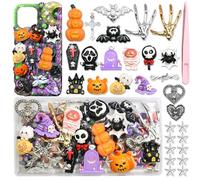 BELICEY Halloween Junk Case Charms Resin Pumpkin Skeleton Hand Charm for Phone Cases Bat Cross Spider Junk Charms Kit 3D Ghost Flatback Pearls Letter Beads Customizing DIY Craft