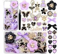 BELICEY Junk Case Charms Gold Black Bow Flower Junk Phone Case Kit Elegant Purple Butterfly Heart Big Charm for Junk Cases 3D Bear Rose Flatback Pearls for Customizing DIY Craft