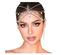 BELICIA 1 Pcs Premium Silver Rhinestone Head Chain Pearl Tassel Headpiece Multi-Layer Headwear Forehead Jewelry for Women and Girls Bridal Wedding Goddess Prom Hair Accessories