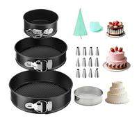 BELICOO Cake Tins Set 3Pcs(4"/7"/9"), Cake Tins for Baking Non-Stick Carbon Steel Baking Tray Set & Flour Sieve with 12 Pcs Piping Nozzles, Piping Bags, Insulated Gloves