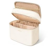 BELICOO Make up Bag, Large Double-Layer Travel Makeup Bag with Mirror, Removable Divider & Brush Compartment, Waterproof PU Leather Cosmetic Bags for Women Girls Travel Toiletry Accessories, Off White