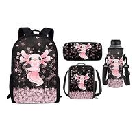 Belidome Axolotl Cherry Blossom Girls School Backpack Set of 4 Insulated Lunch Bag Pencil Case Water Bottle Carrier