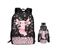 Belidome Axolotl Cherry Blossom School Bag Set Kids 500ml Bottle Holder Pouch for Elementary Primary Girls