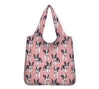 Belidome Boston Terrier Pink Reusable Grocery Bags Shopping Bag with Pouch Tote