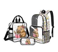 Belidome Clear Capybara Backpack and Lunch Bag Set for Girls 6-8: 4 Pocket Cute Backpack Matching Lunch Box - No More Time-Consuming Gate Checks