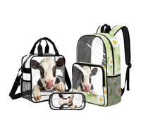 Belidome Clear Cow Backpack and Lunch Box for Girls 10-11: 3 Piece Floral Back to School Set - Padded Straps Carry Heavy Textbooks Without Pain