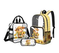 Belidome Clear Highland Cow Backpack Set for Girls: 17" Transparent School Backpack Lunch Box - Instant Visibility - for 5-6 Years Old