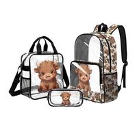 Belidome Cute School Bag and Lunch Bag Set for Girls: Clear Highland Cow Backpack Meets School Security Policies - for Grade 5-6