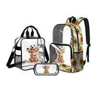 Belidome Girls School Bag Set 6-8: 3 Piece Clear Highland Cow Backpack and Lunch Box - Water Resistant Rucksack Protects Books from Light Rain