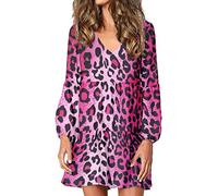 Belidome Pink Leopard Print Women's Dress V Neck Lantern Long Sleeve Flowy Swing Sundress Shift Dresses Swimwear Cover Up for Casaul Travel Party Wear