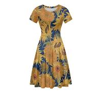Belidome Van Gogh Sunflowers Casual Summer Dresses for Women Swing Sundress A-line Short Sleeve Dress S-4XL Beach Wear
