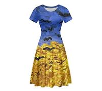 Belidome Van Gogh Wheat Field with Crows Summer Dresses for Women Casual Beach Work Elegant Short Sleeve Swing Sundress Plus Size S-4XL