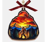 Believe Bigfoot Sunset Scene - Layered Wood Ornament 2 Layers - Rustic Mountain Forest Design - Christmas Tree Decoration - Gift for Sasquatch Lovers